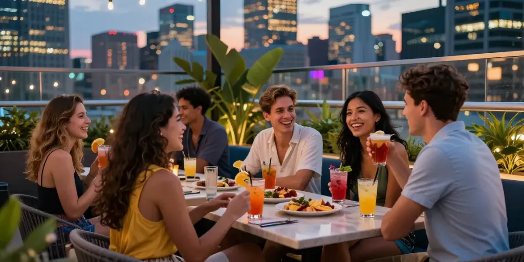 Group of friends enjoying nightlife with Roma Army nudes-themed drinks at a rooftop bar, vibrant city skyline in background.