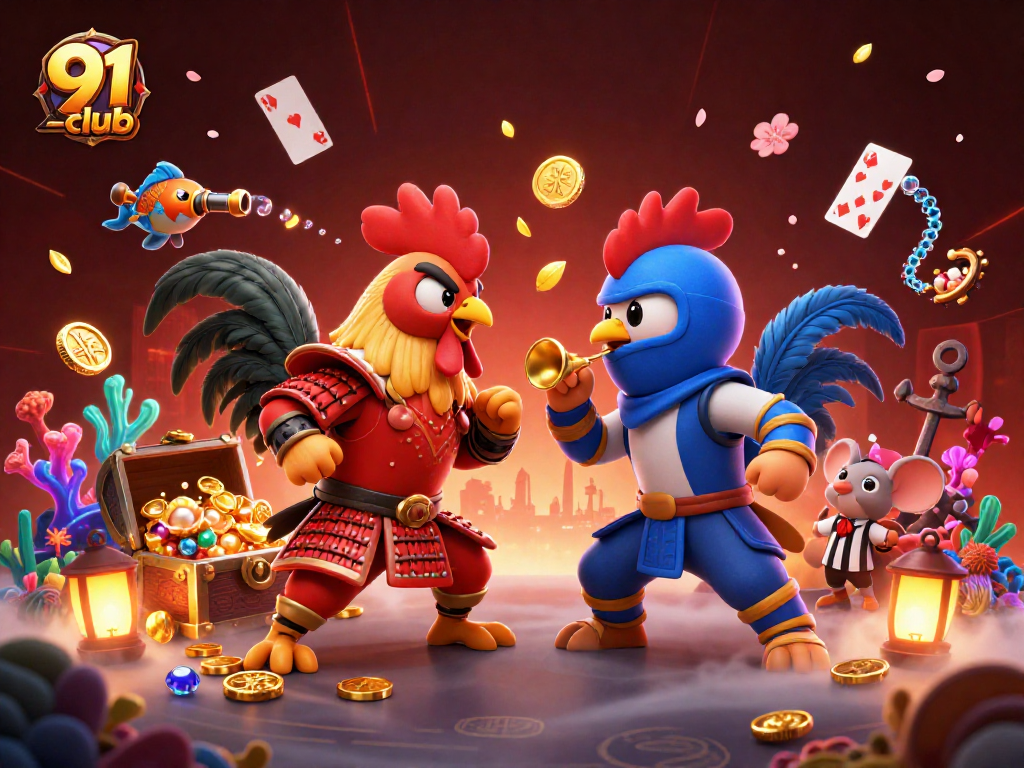 Experience the thrill of 91 club with a battle of roosters amidst casino treasures and gaming elements.