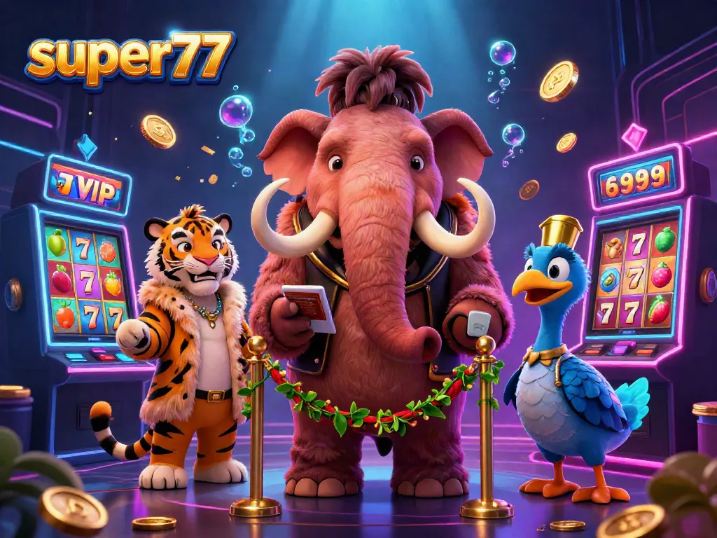 Experience the thrill of super77 slots with vibrant characters like a woolly mammoth and a saber-tooth tiger in a dynamic casino scene.
