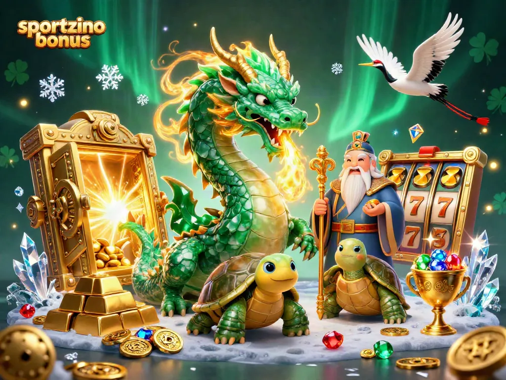 Spin and win with the sportzino bonus as a jade dragon guards treasures and coins.