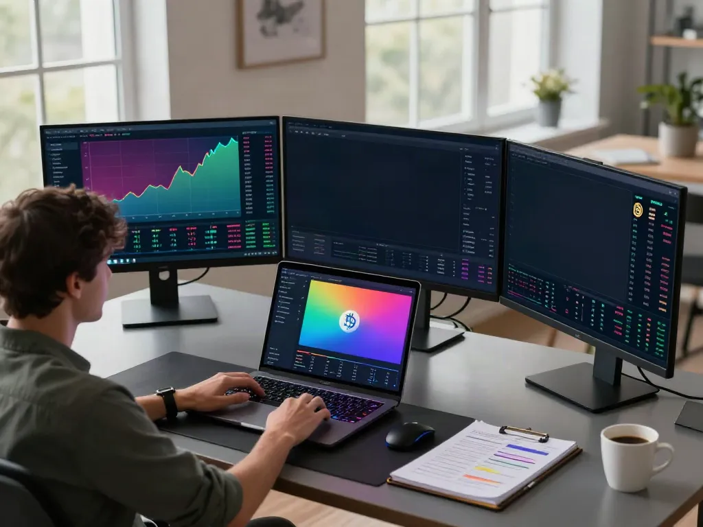 Real-time stock data API charts displayed on multiple monitors in a professional crypto trading workspace.