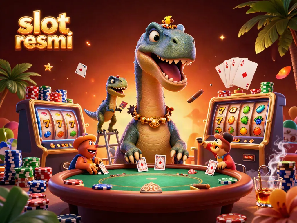 Experience the fun of slot resmi with a playful 3D scene of a dinosaur casino.
