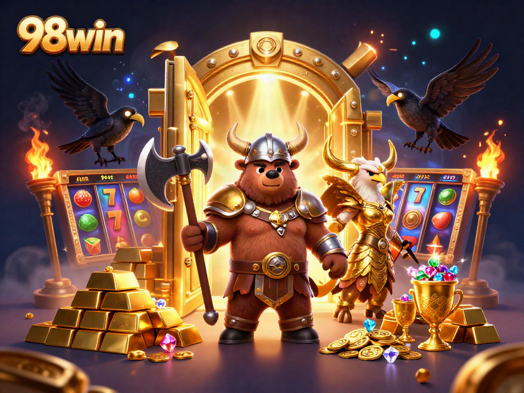Engage with 98win's vibrant casino atmosphere showcasing golden treasures, slot reels, and cartoon characters.