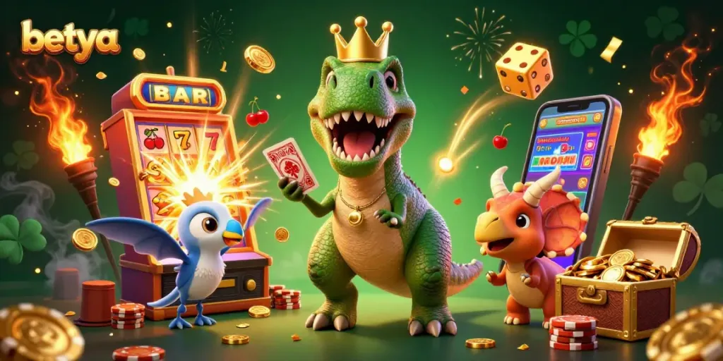 Experience thrilling gameplay at betya casino with a cartoon T-Rex shuffling cards and friends stacking chips.