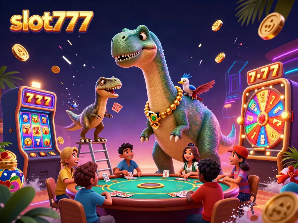 Experience the thrill of slot777 with a unique casino scene featuring a brontosaurus and dynamic elements.