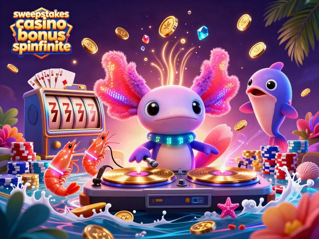 Experience the excitement of sweepstakes casino bonus spinfinite with its vibrant characters, tokens, and gaming elements.