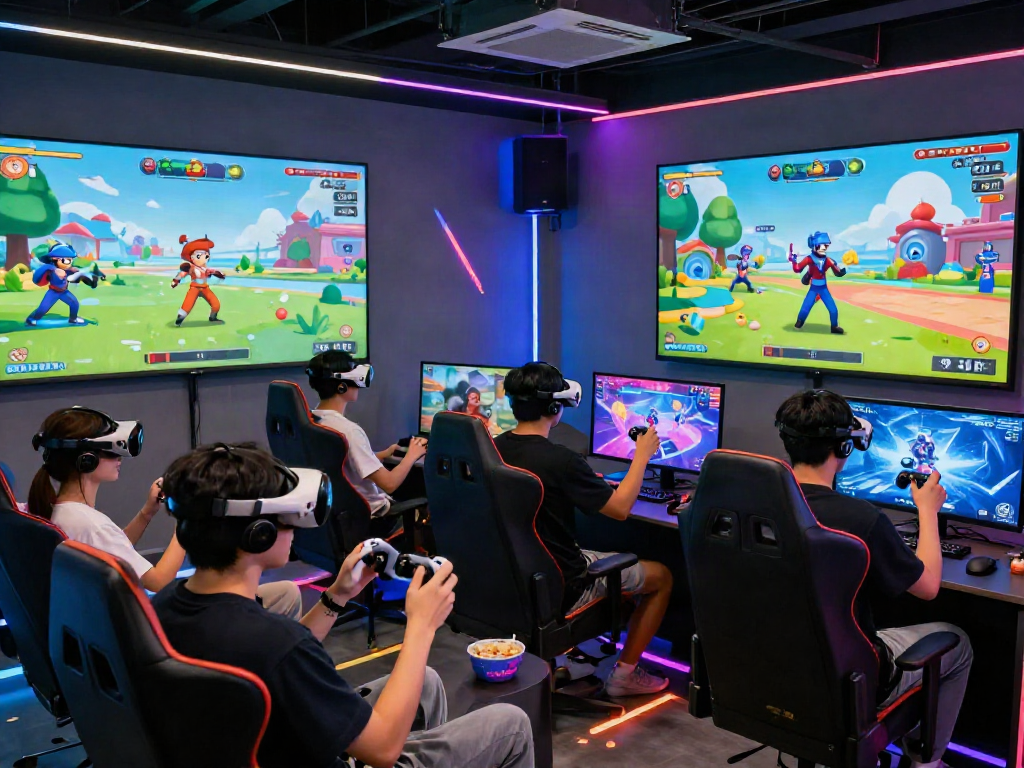 Engaging scene of friends enthusiastically playing porngames in a dynamic gaming lounge with vibrant graphics and interactive elements.