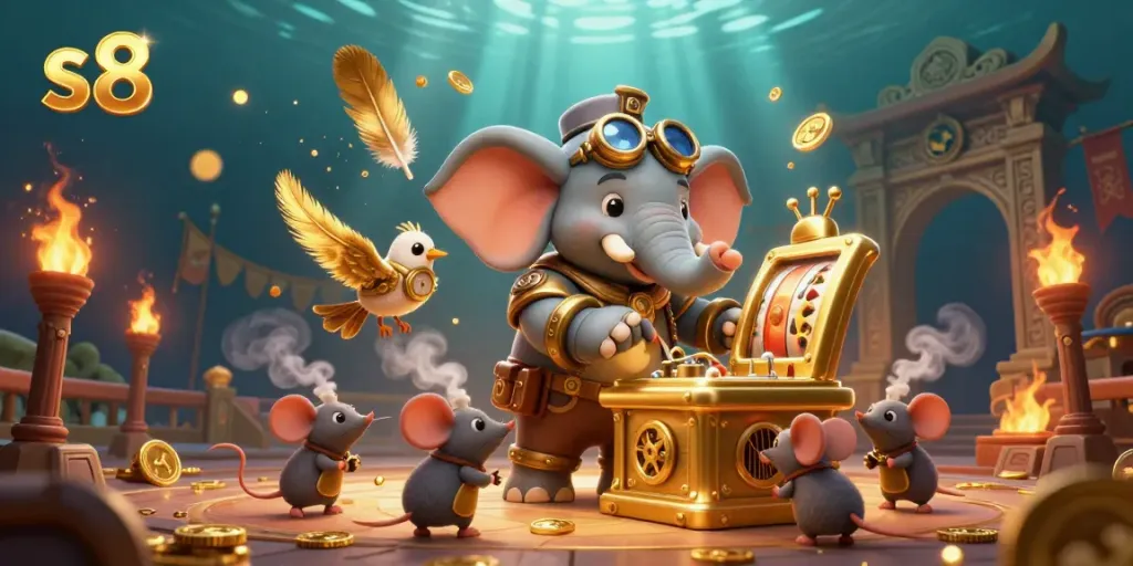 Spin the golden slot machine at s8 with the steampunk elephant engineer and his mechanical friends.