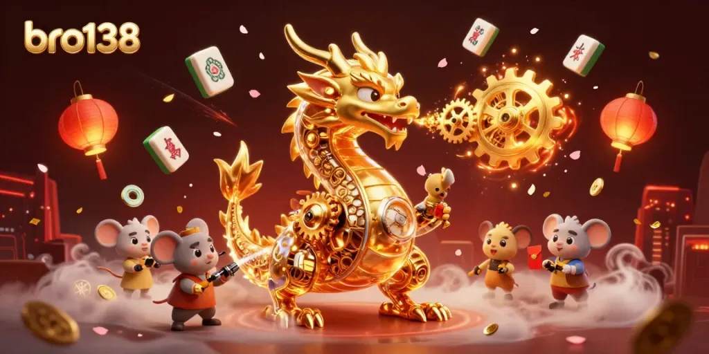 Experience the dynamic world of bro138 with a golden dragon, lanterns, and festive elements.