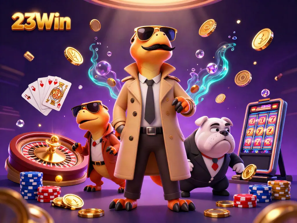 Experience the thrilling fun of 23Win with vibrant casino elements and entertaining characters.