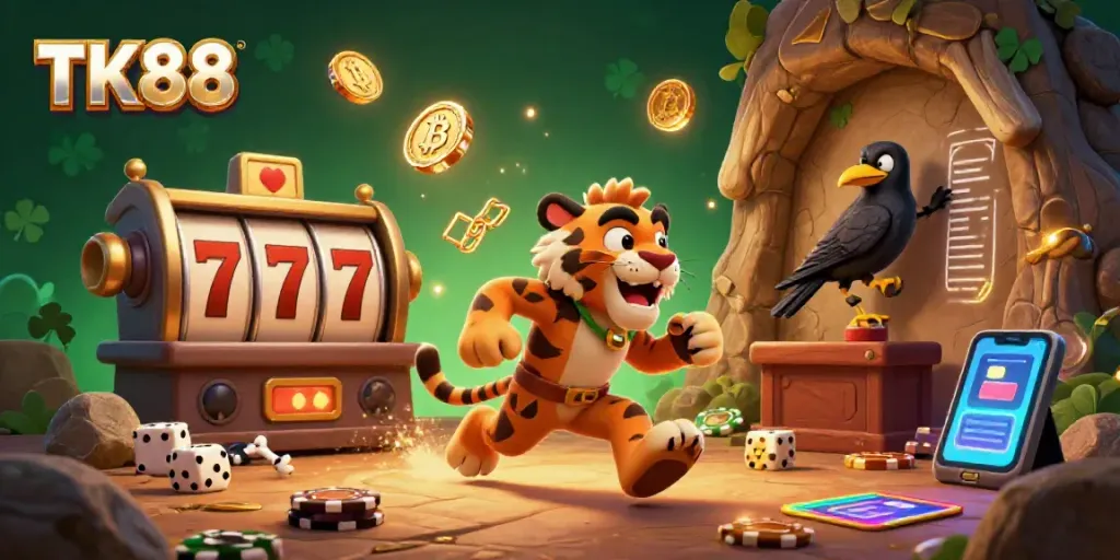 Experience exciting TK88 gaming in a vibrant prehistoric casino with unique characters and crypto elements.
