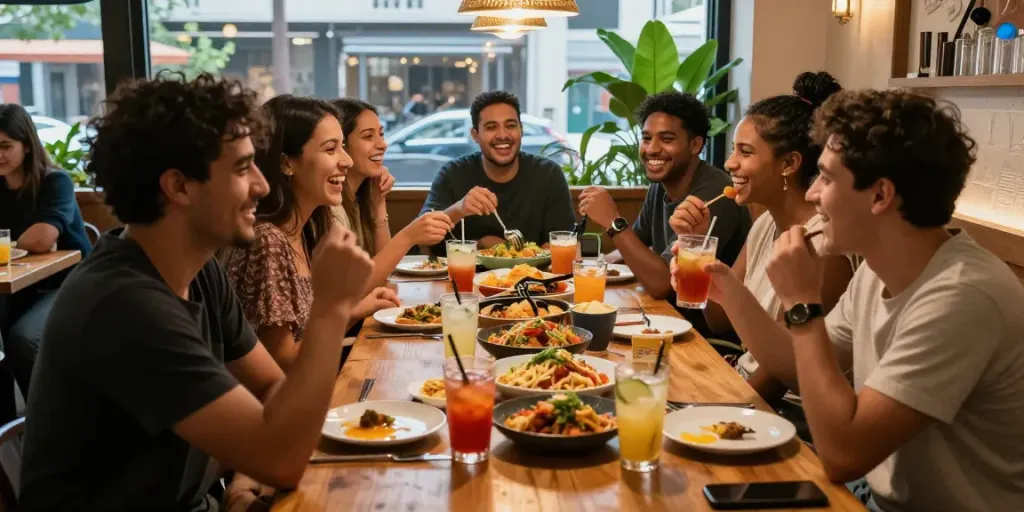 Suasana meriah di restoran The Keg Room NYC dengan teman-teman merayakan di meja panjang.