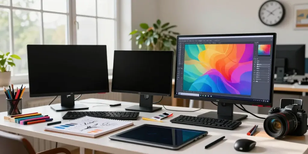 Artist working on a digital creation using an image variation generator in a colorful workspace.