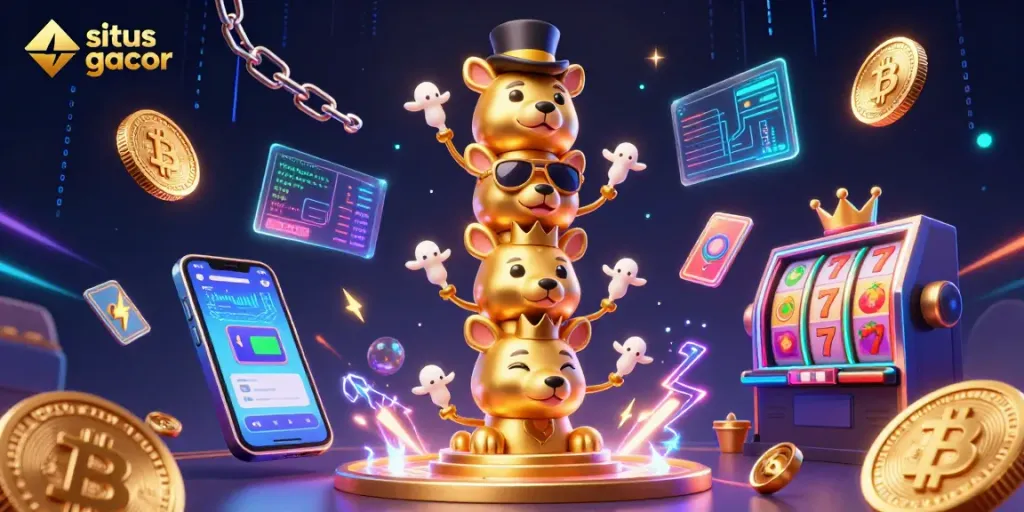 Situs gacor showcases a vibrant casino atmosphere with a golden totem pole and slot symbols.