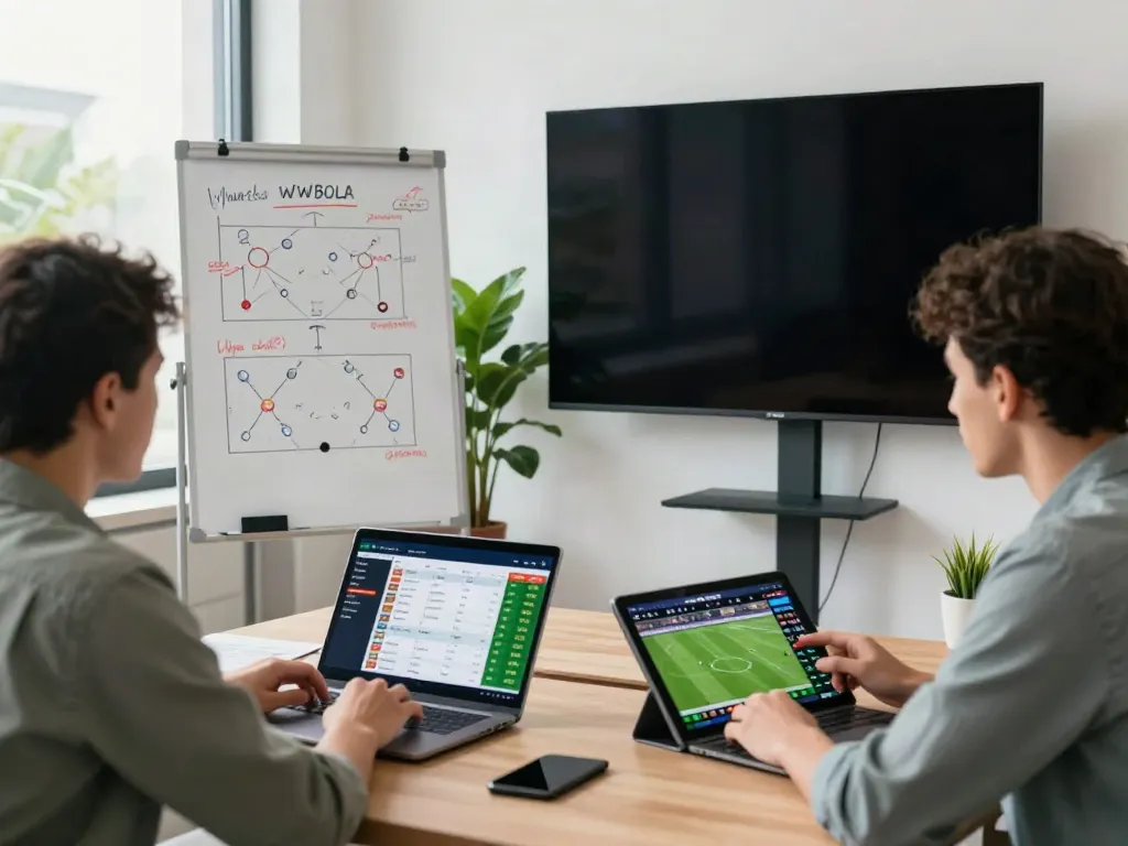 Engaged individuals analyzing soccer betting strategies on the WWBOLA platform in a modern office setting.