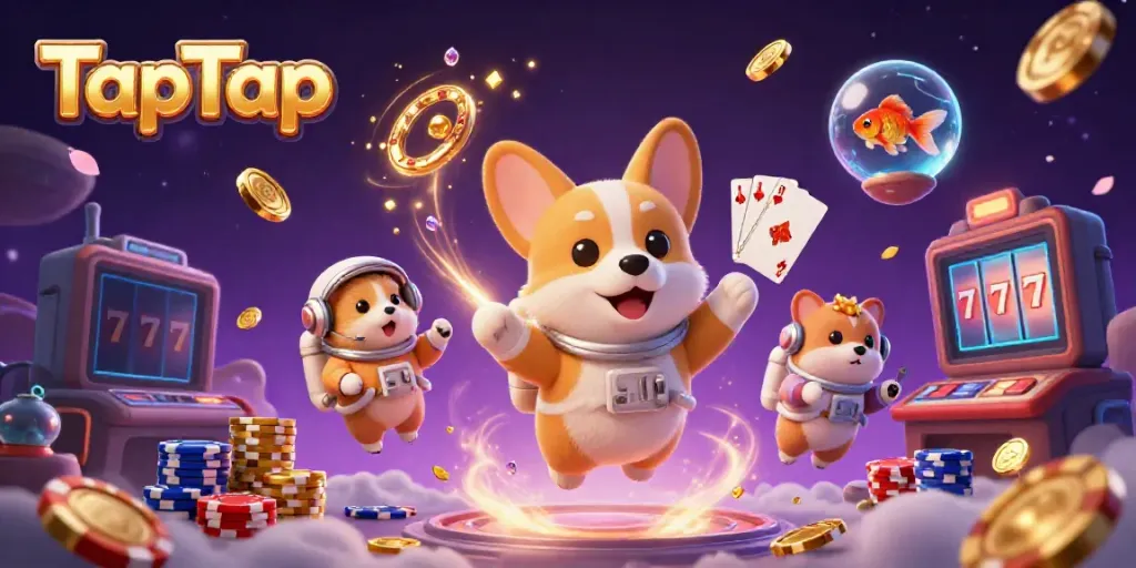 Engage with TapTap in a vibrant casino scene featuring a floating corgi, a mission-control hamster, and a goldfish amid dazzling game elements.