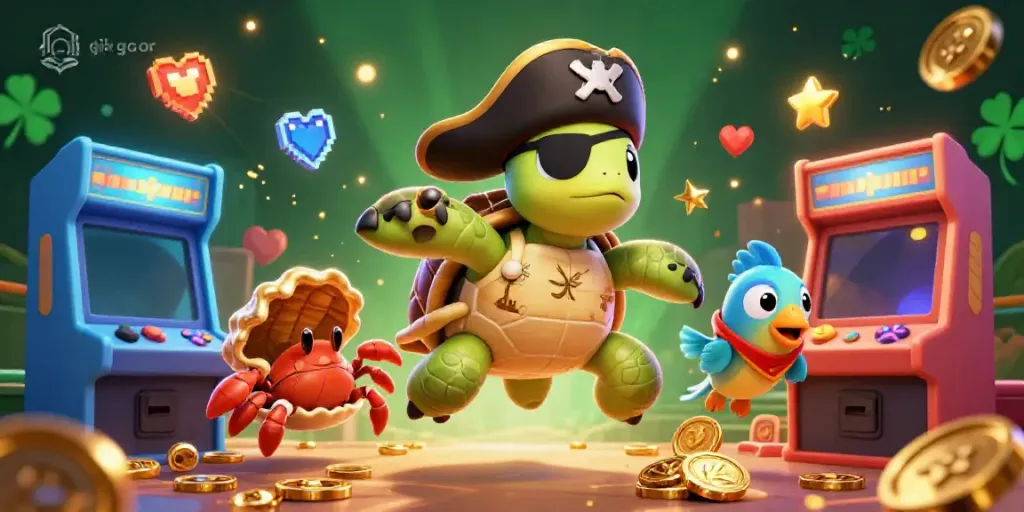 Engage with link gacor-themed 3D illustration featuring a pirate turtle and treasure in a vibrant casino scene.