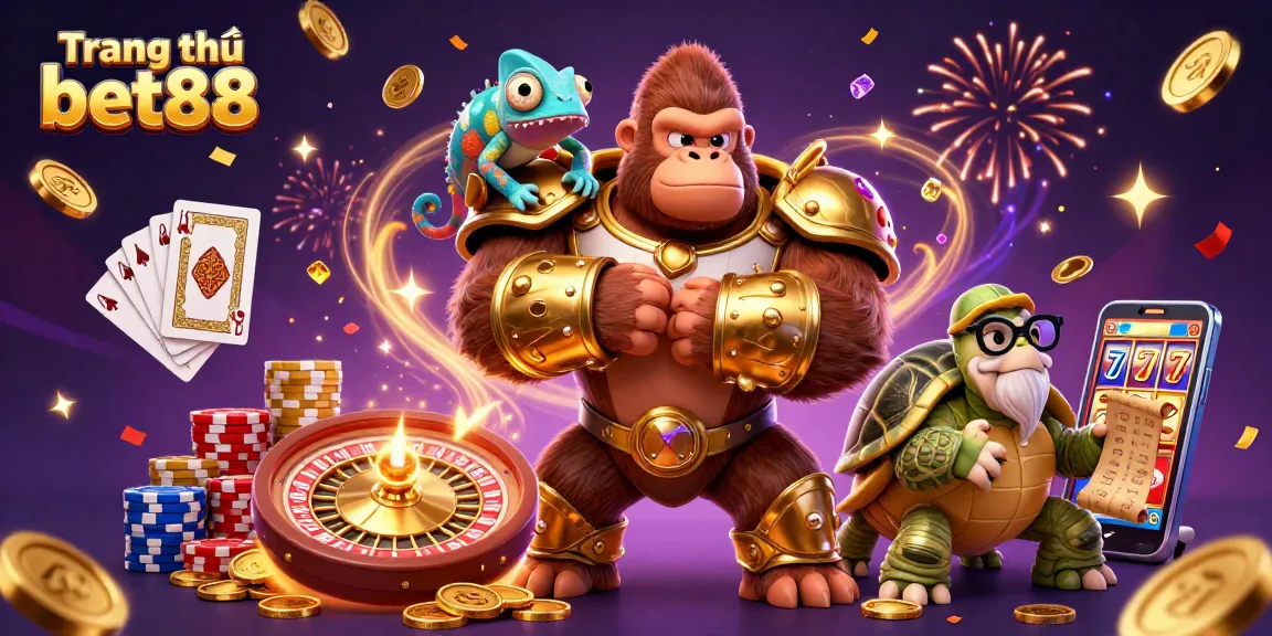 Engage with the thrilling energy of Trang chủ bet88, featuring a powerful king, colorful gems, and casino elements.