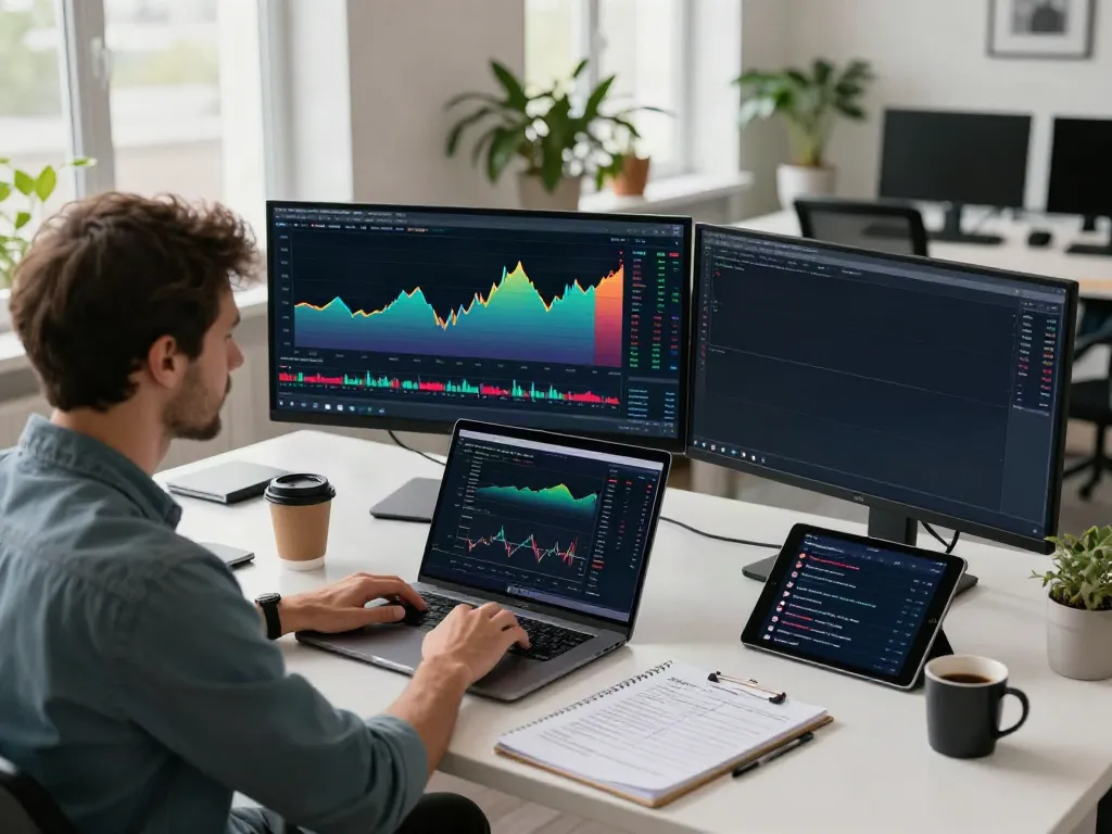 Analyst using TradingView charts in a modern tech workspace