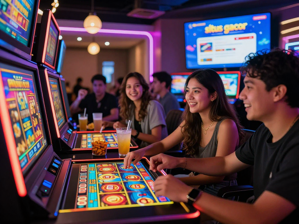 Group enjoying situs gacor slot games, drinks, and neon lights in a lively casino atmosphere.