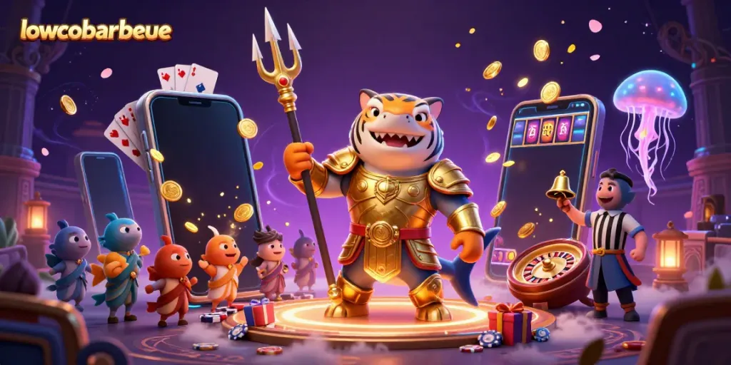 Witness the thrilling lowcobarbecue gaming adventure with a gladiator shark and vibrant casino elements.