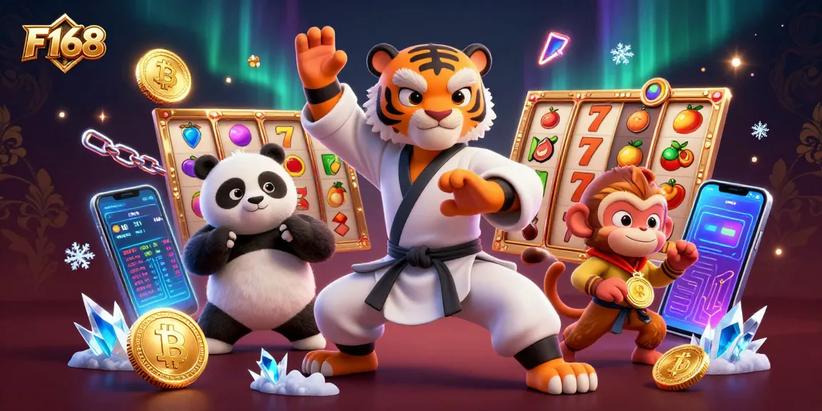F168 players winning jackpots by spinning vibrant slot reels in a dynamic casino scene.