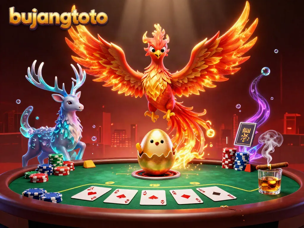 Engage with bujangtoto's vibrant casino imagery showcasing a phoenix and poker elements.