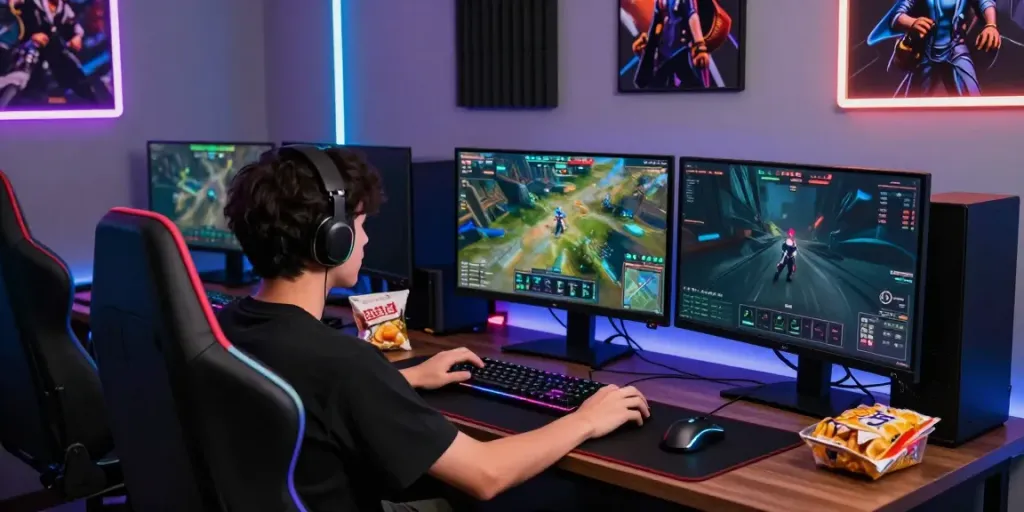 Exciting gaming setup showcasing batman138 on multiple monitors with dynamic graphics and performance metrics.
