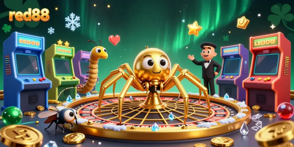 Engage in thrilling bets at red88, where a golden spider spins a roulette wheel web in a vibrant casino.