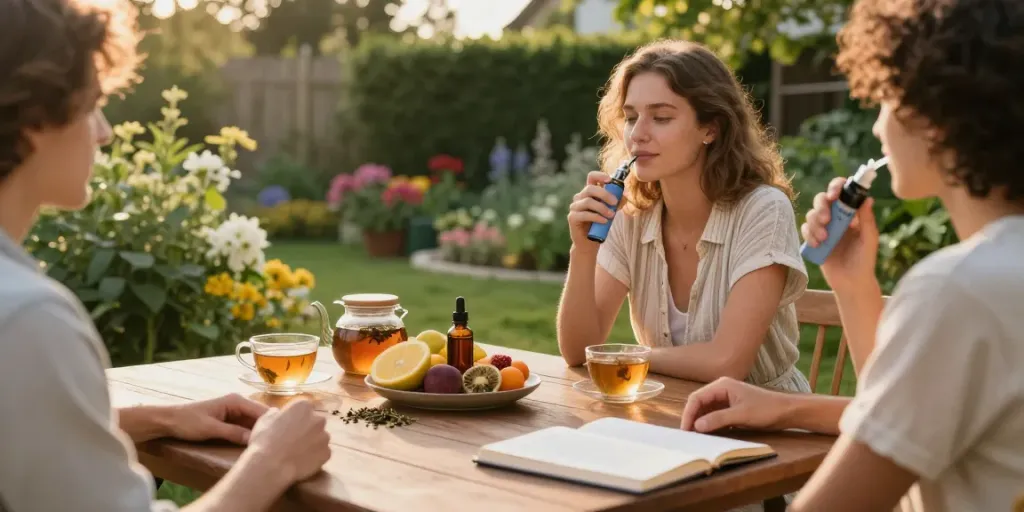 Experience the benefits of cheap tobacco and cigarettes online in a natural wellness setting featuring CBD oil among lush greenery.