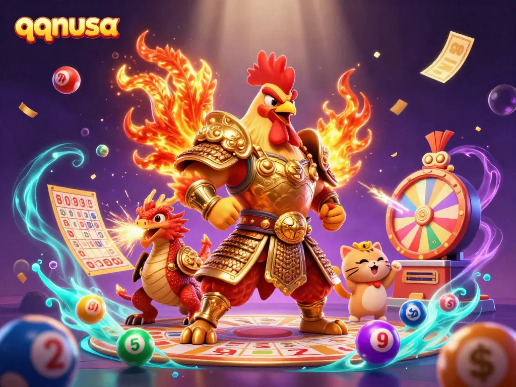 Engage with qqnusa's vibrant casino atmosphere featuring energetic characters and dynamic game elements.