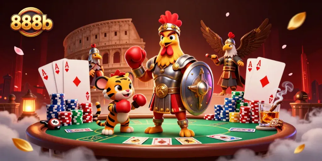 Engage in thrilling action at 888b's poker tables, featuring a gladiator rooster and dynamic casino elements.