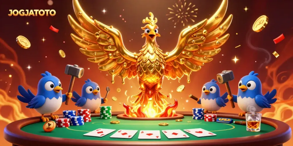 Experience the thrill of JOGJATOTO with vibrant casino elements, poker action, and a majestic molten phoenix.