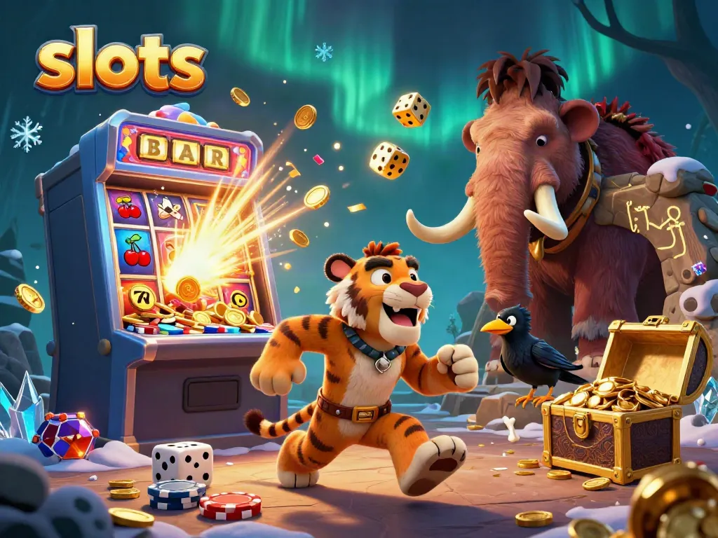 Experience thrilling slots action with a cartoon caveman and sabertooth duo in a vibrant casino scene.