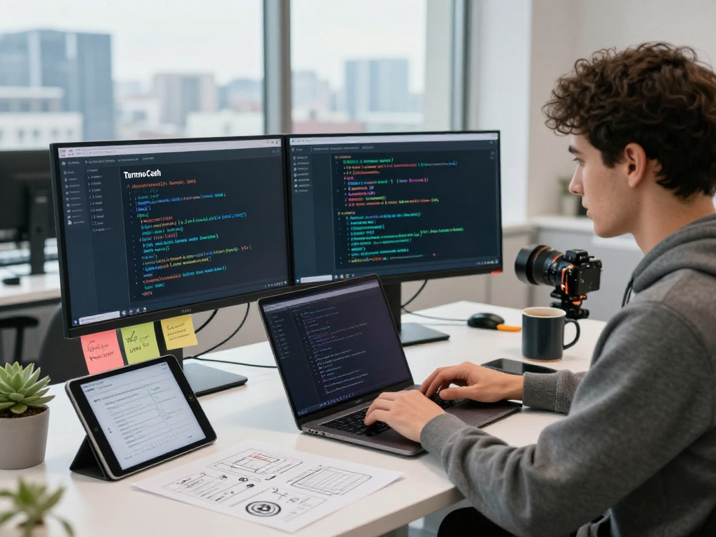 Tornado Cash scene showcasing a blockchain developer working on cryptocurrency privacy solutions in a dynamic digital workspace.