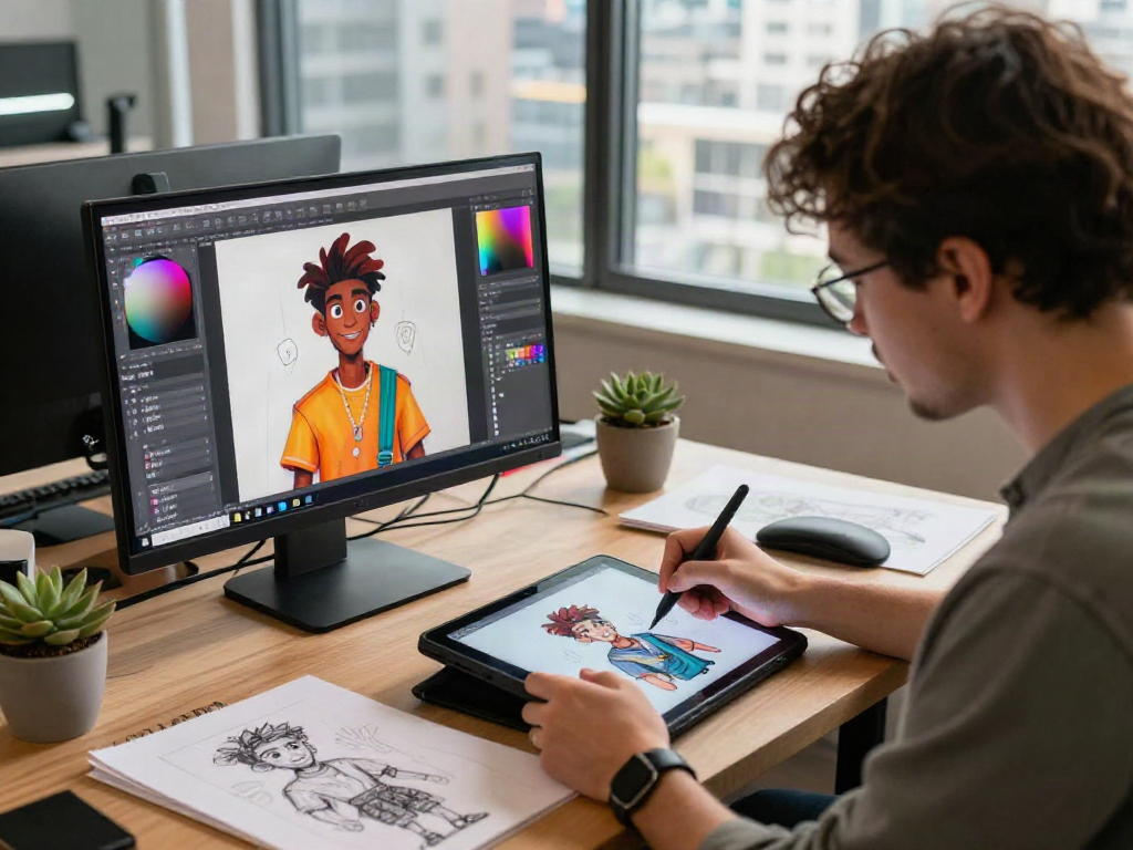 Creating character designs with character ai nsfw in a vibrant studio setting.