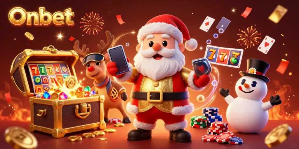 Join Onbet's exciting gaming experience with vibrant characters celebrating wins amidst dynamic casino elements.