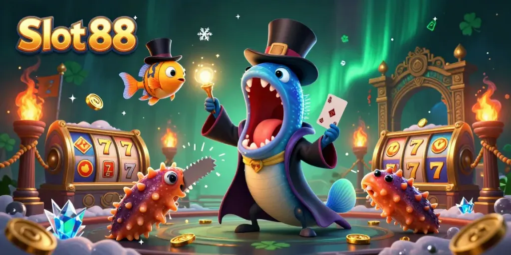 Spin to win in Slot 88 with bioluminescent characters performing magic tricks in a vibrant scene