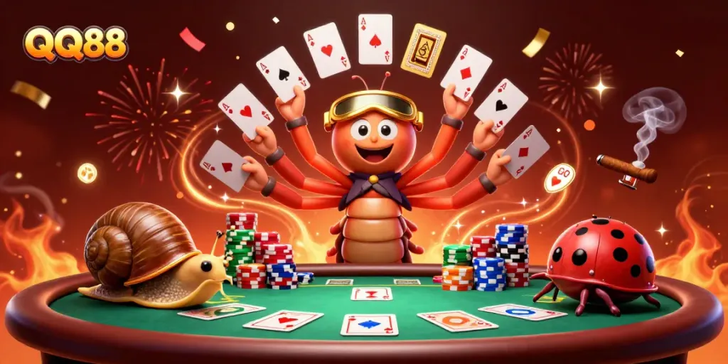 Experience the excitement of QQ88 Casino with a unique 3D illustration showcasing a millipede dealer and high-stakes games.