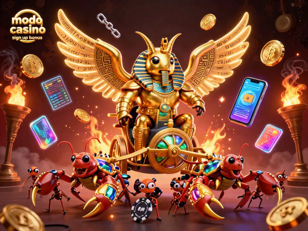 Engage with the modo casino sign up bonus featuring a golden beetle chariot amidst crypto coins and gaming elements.
