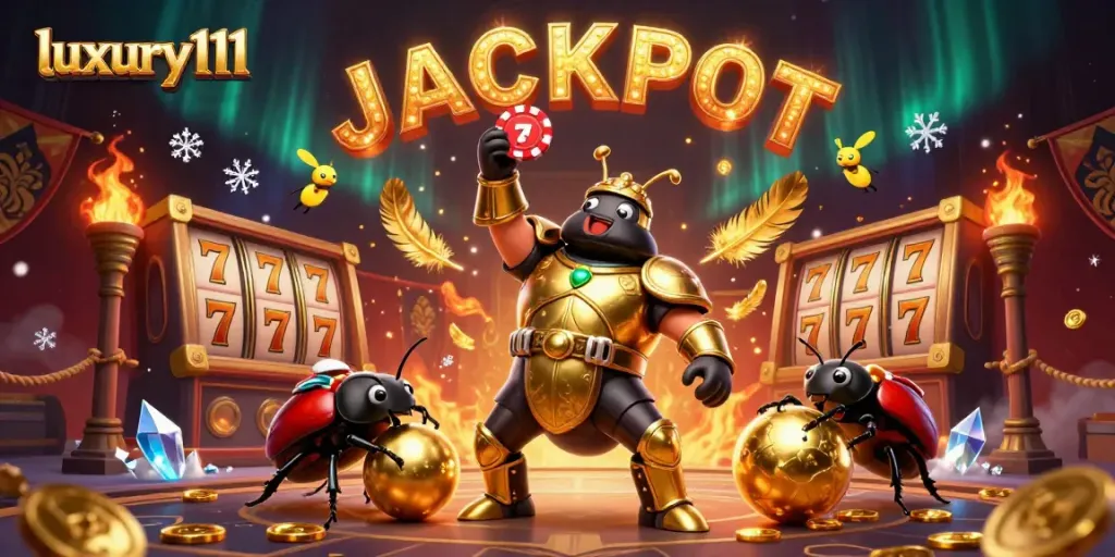 Experience a thrilling jackpot victory with luxury111 in this dynamic casino-themed illustration featuring vibrant characters and elements.