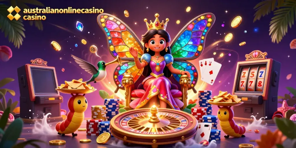 Experience the vibrant world of australianonlinecasino casino with our enchanting butterfly queen and dynamic game elements.