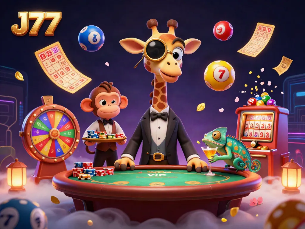 Experience J77's dynamic casino scene with a high-roller giraffe, monkey valet, and vibrant gaming elements.