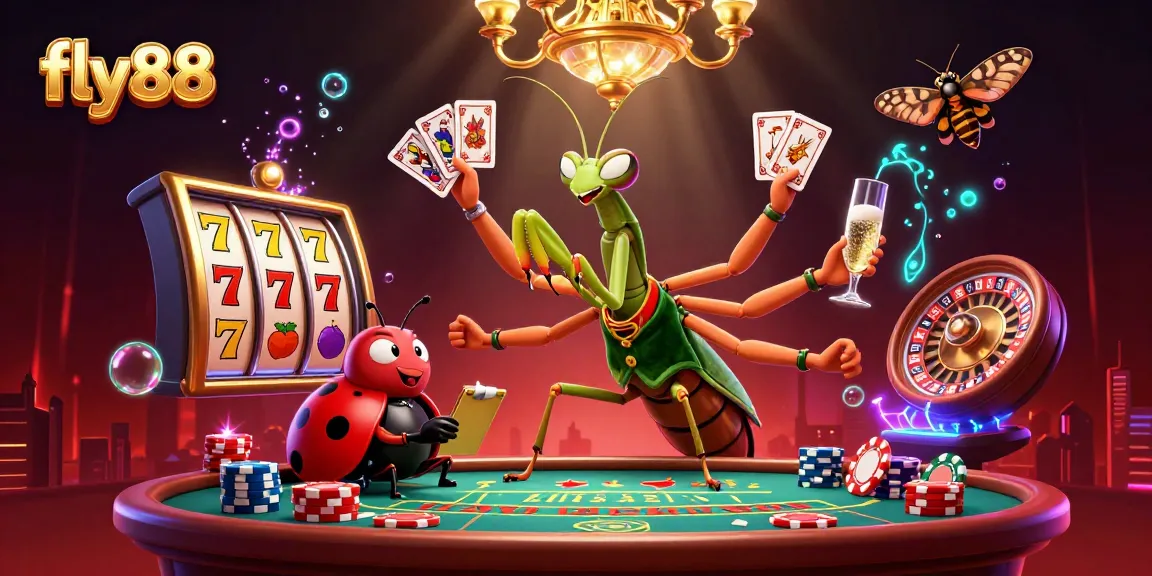 Experience winning excitement with fly88 featuring a lively casino scene of card gaming and glitzy slot machines.