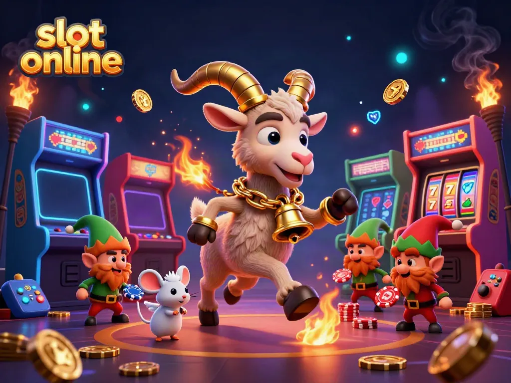 Engage in lively slot online adventures with festive characters in a vibrant casino scene.