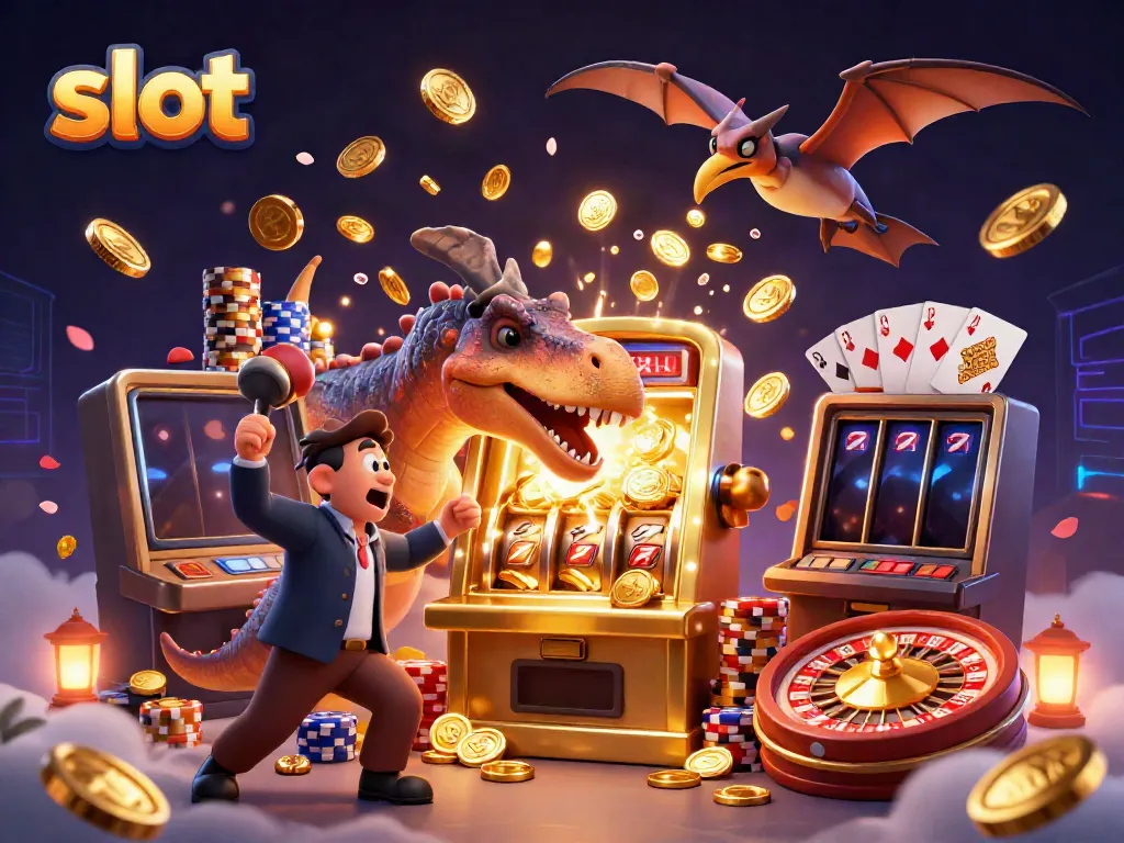 Exciting slot gaming scene with dinosaurs, coins, and a slot machine jackpot