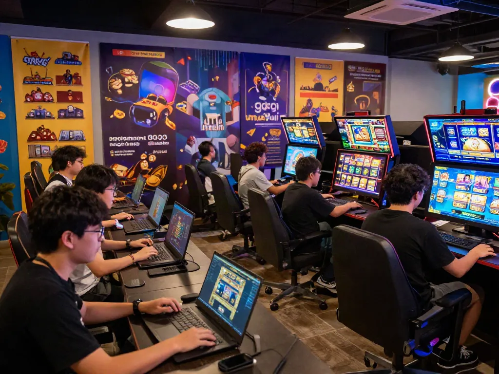 Engaging atmosphere of players exploring slot gacor maxwin games in a colorful gaming lounge.