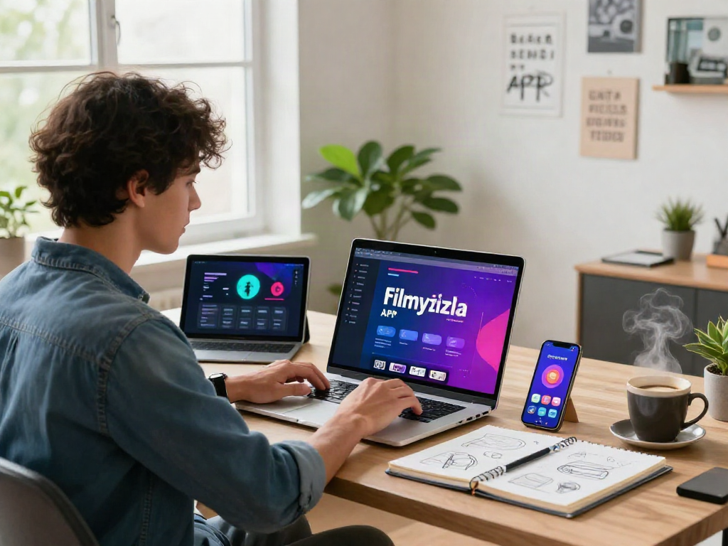 Engaging workspace with a user accessing filmyzilla APK on a laptop, creative digital environment.