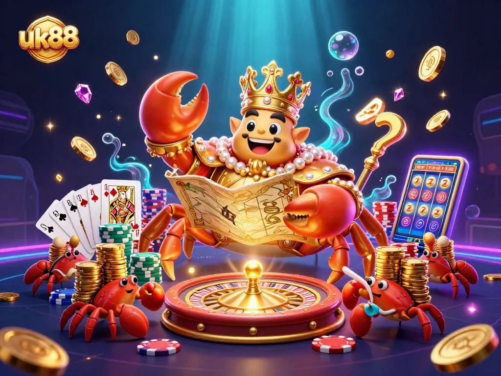Engage with uk88 as a royal crab emperor oversees vibrant casino elements, symbolizing exciting gameplay.