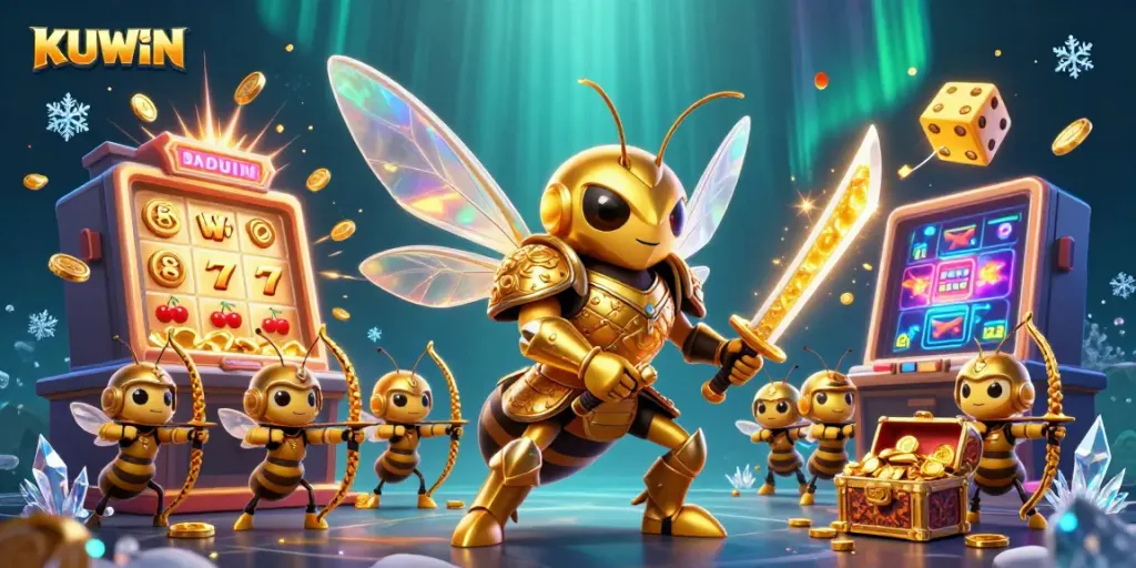 Engage with KUWIN's vibrant casino world through a dynamic jackpot scene with golden hornets and action.
